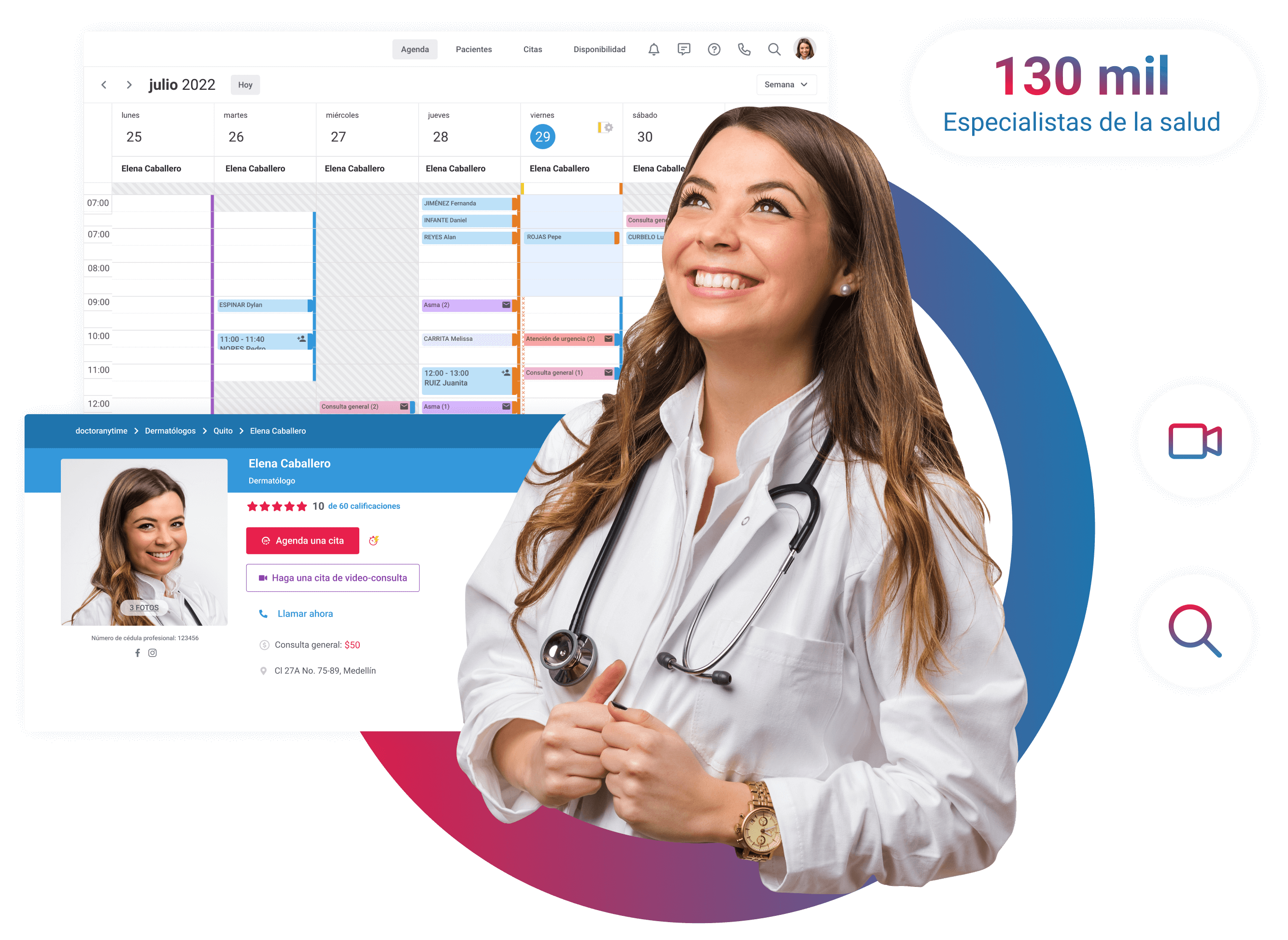 Médica dermatóloga adminsitrando sus citas médicas en línea a través de la plataforma Doctoranytime